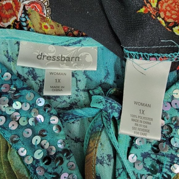 Dressbarn Peasant Top Plus Size 1X  Paisley Tie Neck 3/4 Sleeve Sheer Blue‎ - Picture 5 of 6